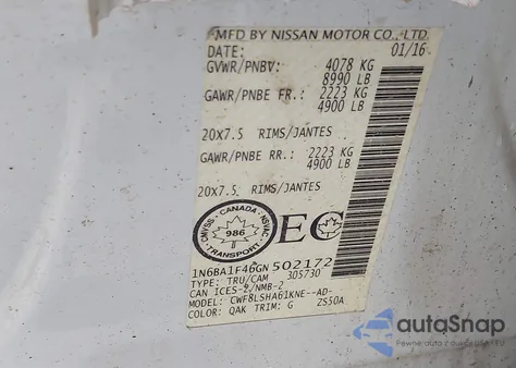 2016 Nissan Titan Xd Platinum Reserve Diesel/Pro-4X Diesel/S Diesel/Sl Diesel/Sv Diesel z USA, uszkodzony, nr VIN 1N6BA1F46GN502172